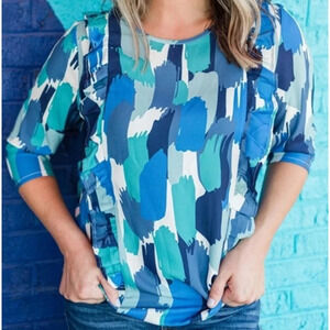 Michelle McDowell Wandering Roads Blue Mason Front Ruffle 3/4 Sleeves Top Size M